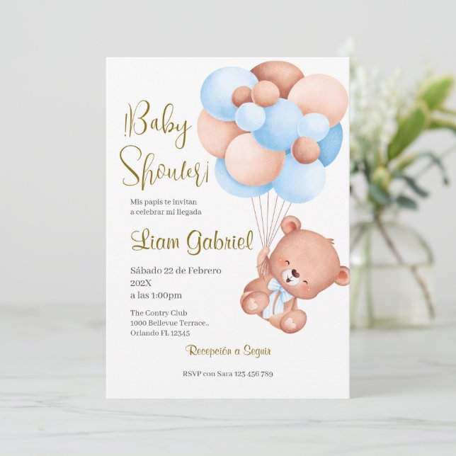 Blue Bear Spanish Baby Shower Boy invitation (Standing Front)