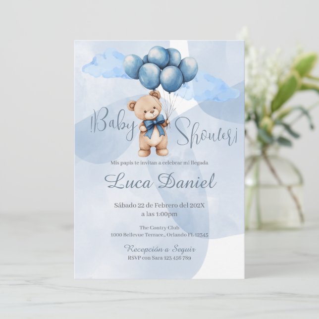Blue Bear Spanish Baby Shower Boy invitation (Standing Front)