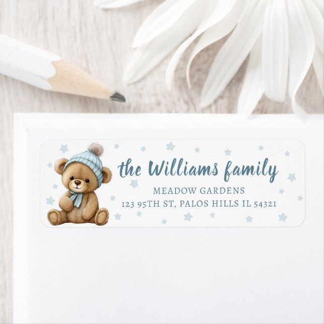 Blue bear stars baby boy shower address labels (Insitu)