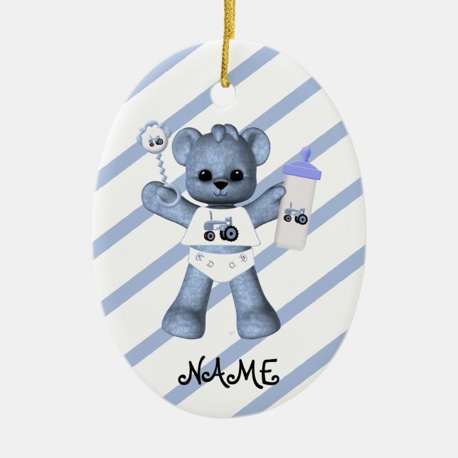 Blue Bear Tractor 1st Christmas Ornament (Front)