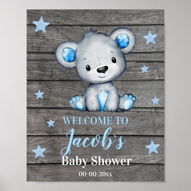 Blue Bear Welcome Sign, Boy  Shower Poster (Front)