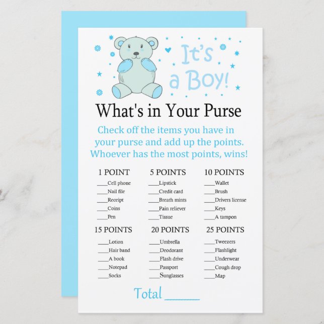 Blue bear What's in your purse game (Front/Back)