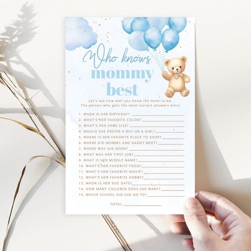 Blue Bear Who knows mommy best baby shower game