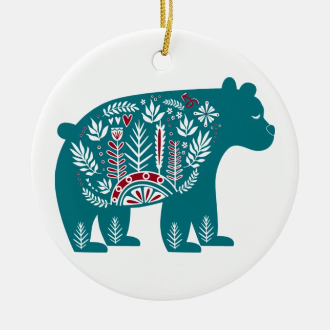 Blue Bear with Designs Ceramic Ornament (Front)