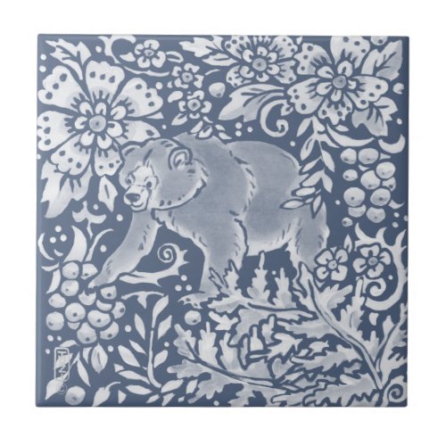 Blue Bear Woodland Forest Animal Floral Ceramic Tile