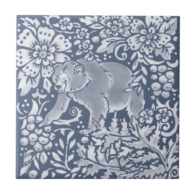 Blue Bear Woodland Forest Animal Floral Ceramic Tile (Front)