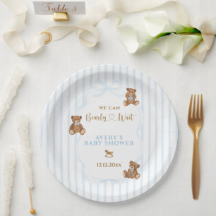 Blue Bearly Wait Baby Shower Elegant Stripe Paper Plates