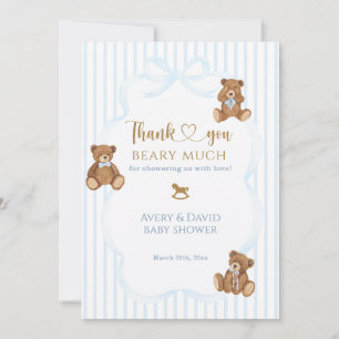 Blue Bearly Wait Baby Shower Elegant Stripe Thank You Card