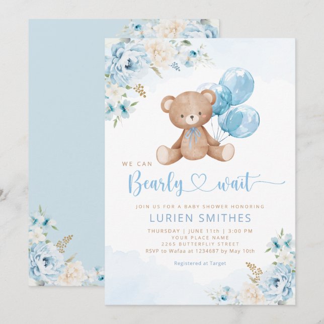 Blue Bearly Wait Boho Teddy Bear Boy Baby Shower  Invitation (Front/Back)