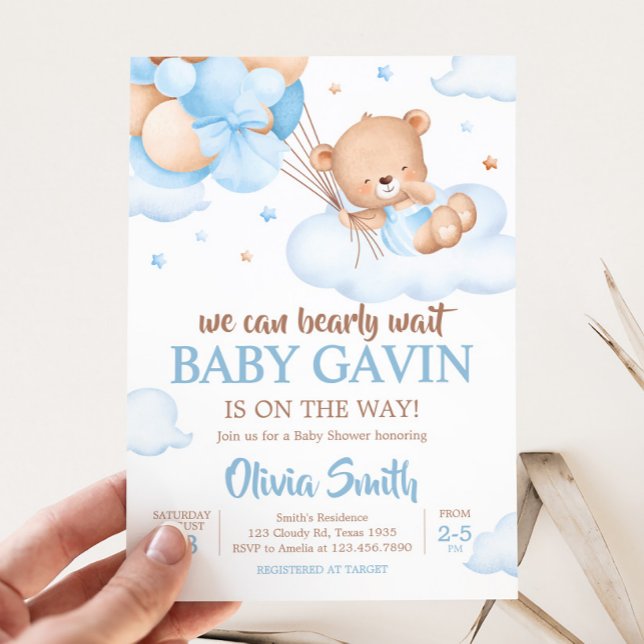 Blue Bearly Wait Clouds Baby Shower Invitation (Blue Bear Clouds Baby Shower  Invitation)