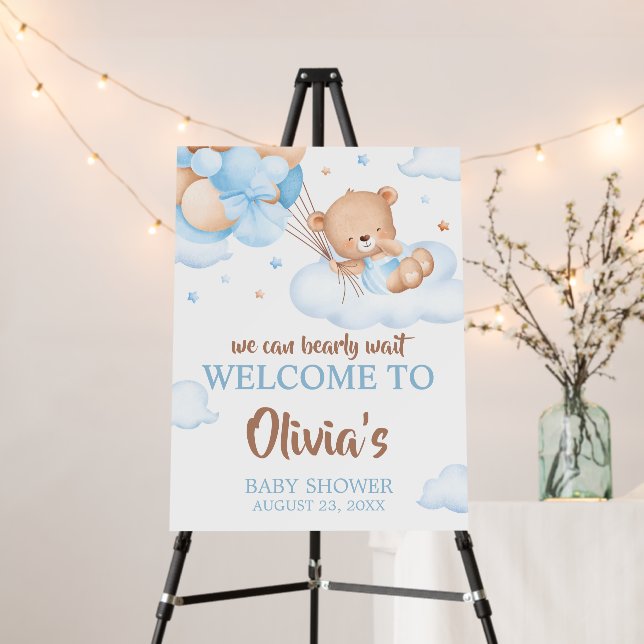 Blue Bearly Wait Clouds Baby Shower Welcome Sign (In Situ (Stand))