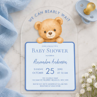 Blue Bearly Wait Cute Teddy Bear Baby Boy Shower Acrylic Invitations