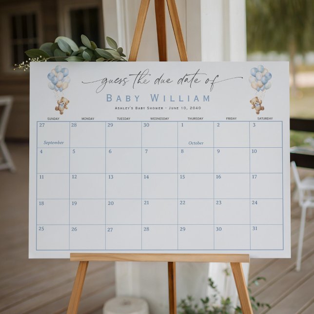Blue Bearly Wait-Teddy Bear Baby Due Date Game Foam Board (Baby Boy Shower Due Date Game)