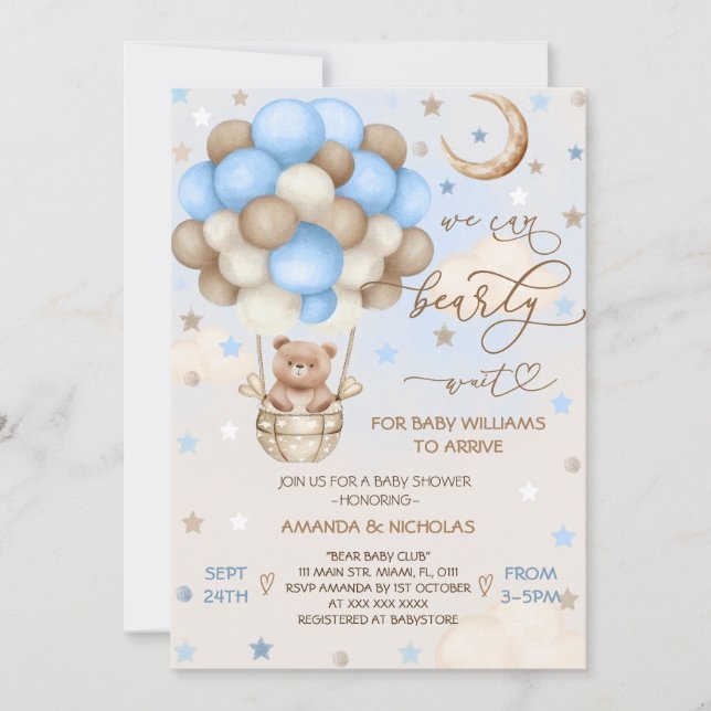 Blue Bearly Wait Teddy Bear Boy Baby Shower Invitation (Front)