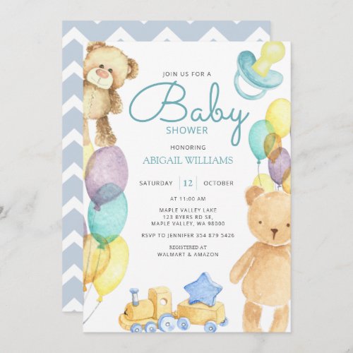 Blue Bears  Balloon Watercolor _ Cute Baby Shower Invitation