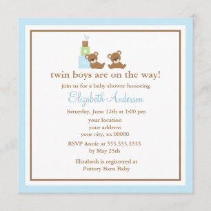 Blue Bears Twins Baby Shower Invitation