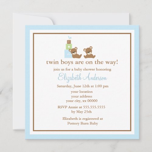 Blue Bears Twins Baby Shower Invitation