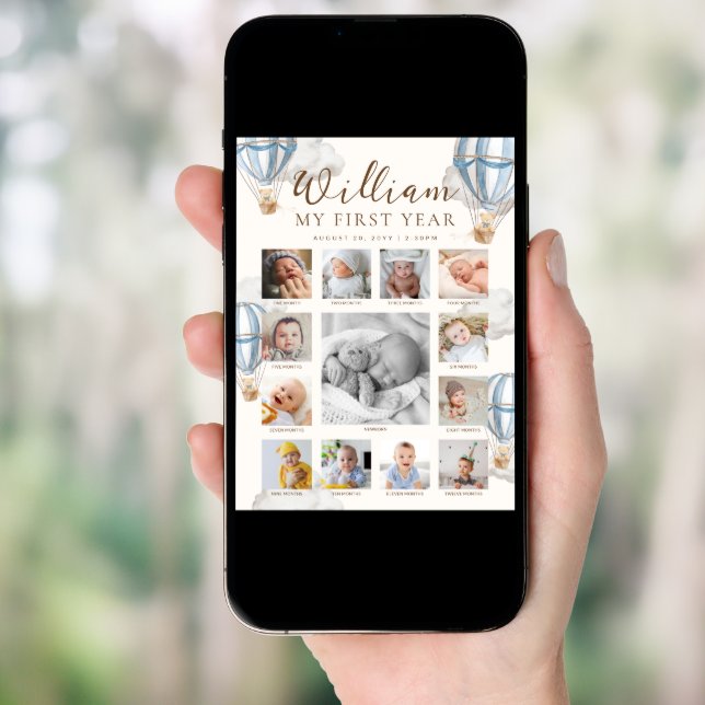 Blue Beary First Birthday Photo Timeline Poster (Front Digital)