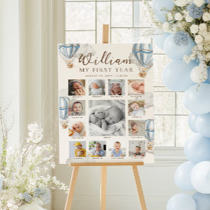 Blue Beary First Birthday Photo Timeline Poster