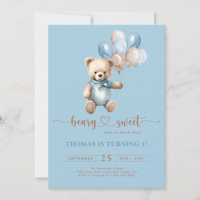 Blue Beary Sweet Boy 1st Birthday Teddy Bear Brown Invitation (Front)
