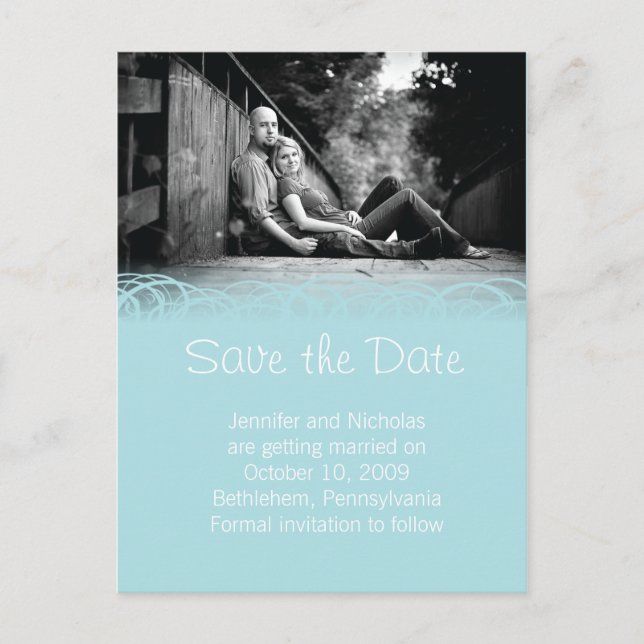 Blue & Beautiful Swirl Save the Date Announcement Postcard (Front)
