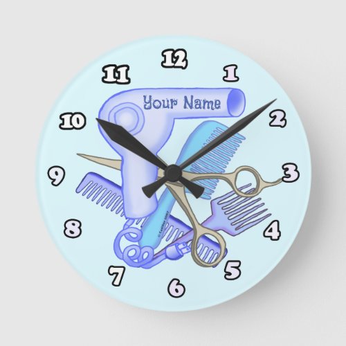 Blue Beauty Parlor  custom name Round Clock