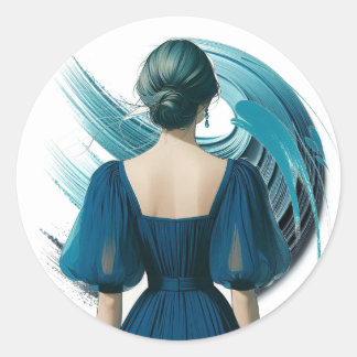 Blue Beauty Puffy Sleeve Dress Style Classic Round Sticker
