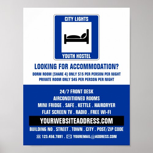 Blue Bed Logo Hostel Accommodation Advertising Poster