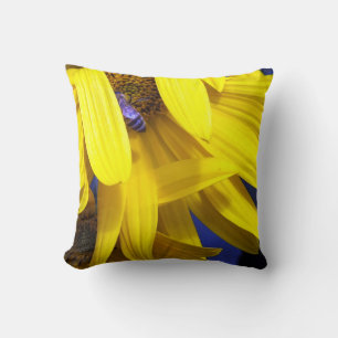 Blue Bee On Yellow Sunflower Throw Pillow