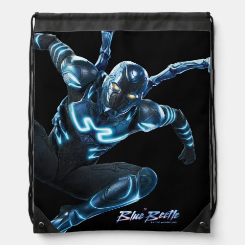 Blue Beetle Leaping Character Art Drawstring Bag