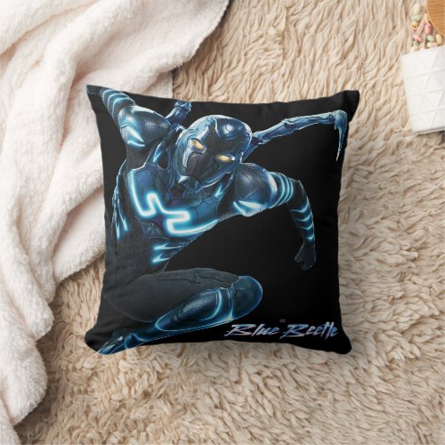 Blue Beetle Leaping Character Art Throw Pillow