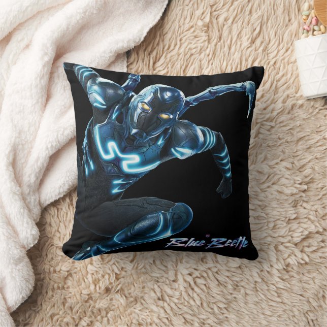 Blue Beetle Leaping Character Art Throw Pillow (Blanket)