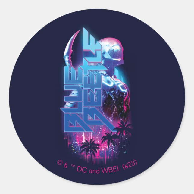 Blue Beetle Retrowave City Lights Classic Round Sticker (Front)