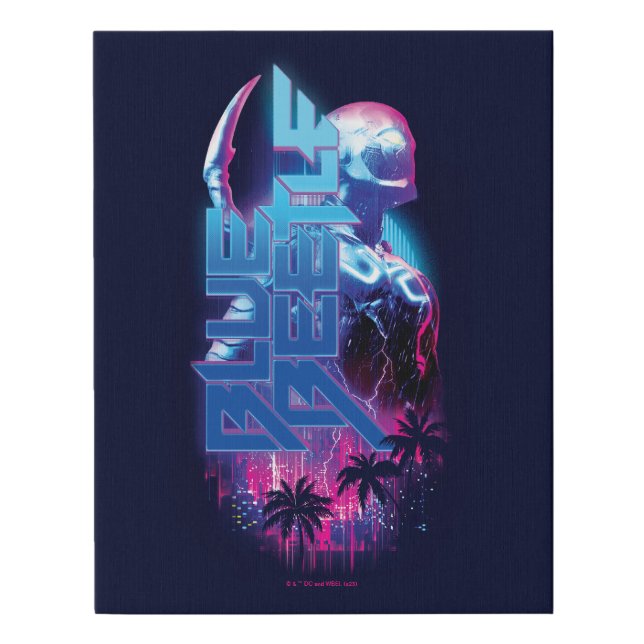 Blue Beetle Retrowave City Lights Faux Canvas Print (Front)
