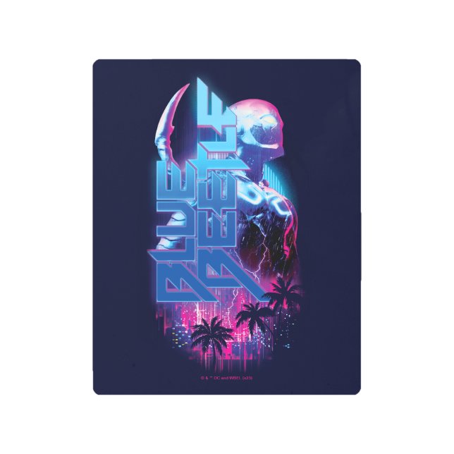 Blue Beetle Retrowave City Lights Metal Print (Front)