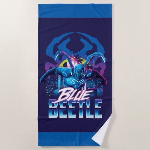 Blue Beetle Retrowave City Sunset Beach Towel