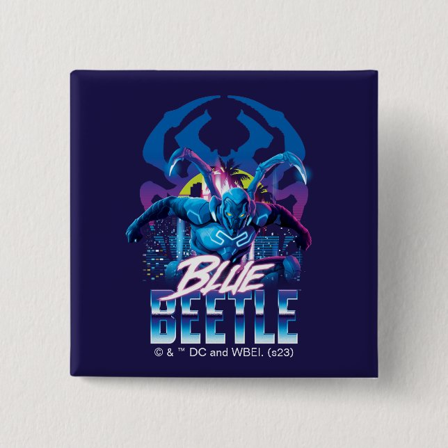 Blue Beetle Retrowave City Sunset Button (Front)