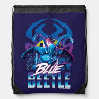 Blue Beetle Retrowave City Sunset Drawstring Bag