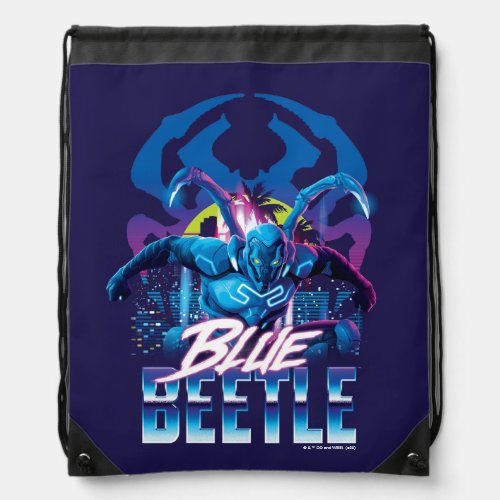 Blue Beetle Retrowave City Sunset Drawstring Bag