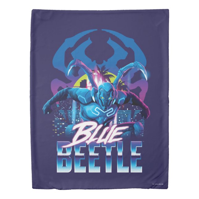 Blue Beetle Retrowave City Sunset Duvet Cover (Front)