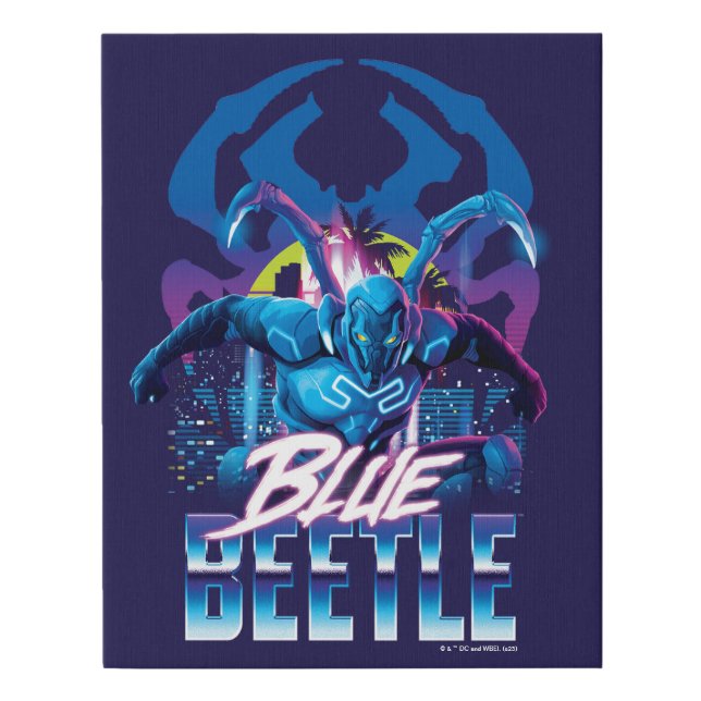 Blue Beetle Retrowave City Sunset Faux Canvas Print (Front)