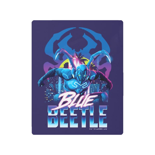 Blue Beetle Retrowave City Sunset Metal Print (Front)