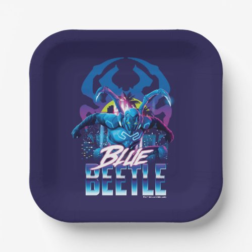 Blue Beetle Retrowave City Sunset Paper Plates