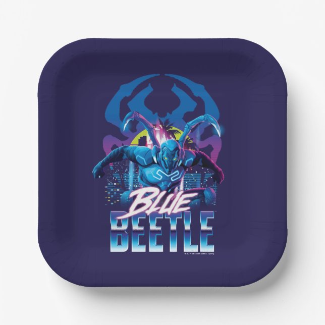 Blue Beetle Retrowave City Sunset Paper Plates (Front)
