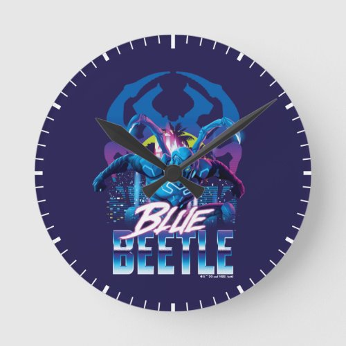 Blue Beetle Retrowave City Sunset Round Clock