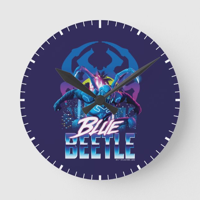Blue Beetle Retrowave City Sunset Round Clock (Front)