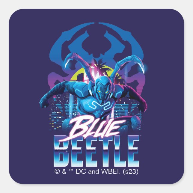 Blue Beetle Retrowave City Sunset Square Sticker (Front)