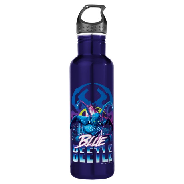 Blue Beetle Retrowave City Sunset Stainless Steel Water Bottle (Front)