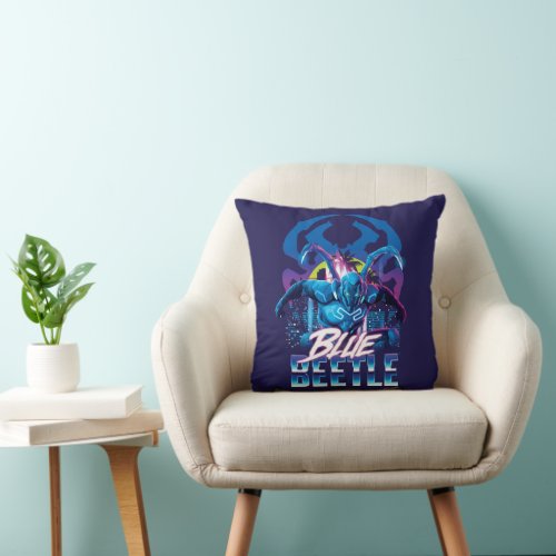Blue Beetle Retrowave City Sunset Throw Pillow