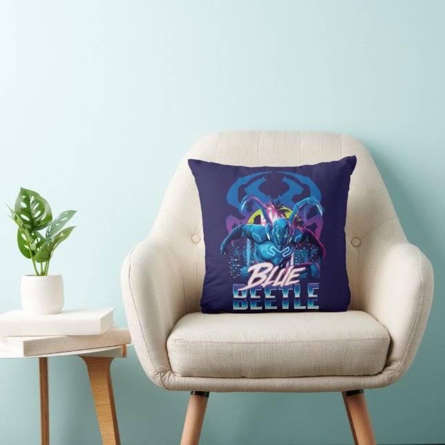 Blue Beetle Retrowave City Sunset Throw Pillow (Chair)